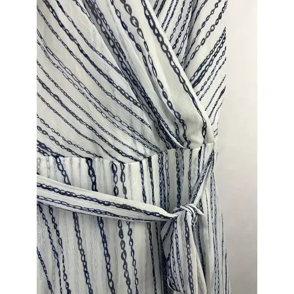 DKNY Wrap Dress, Blue White Chain Stripe, Sleeveless, Belted Asymmetrical Hem - Picture 4 of 13